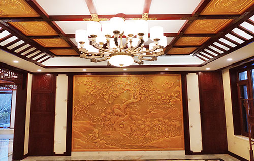 白城中式别墅客厅中式木作横梁吊顶装饰展示